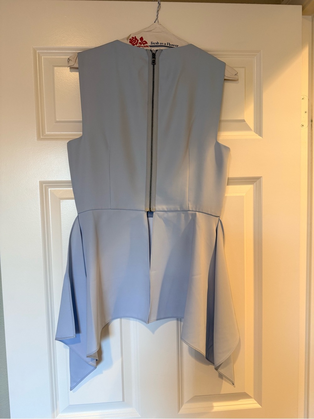 BCBGMaxAzria Powder Blue Sleeveless Layered Peplum Top with White Trim - Picture 2 of 5